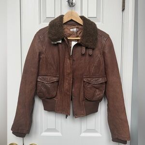 Vince NWT Brown 100% Leather Bomber Jacket with Shearling Collar